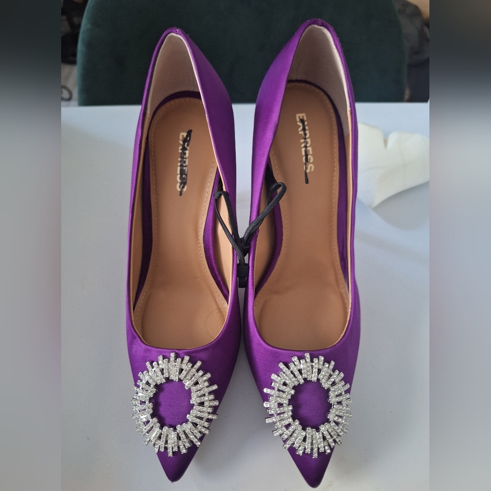 Express Vibrant Purple Satin Pointed-Toe Heels with Crystal Rosette